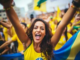 Brazilian woman celebrates her soccer teams victory AI Generative photo