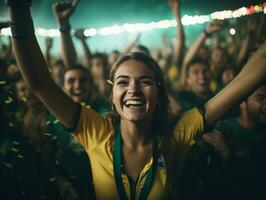 brasileño mujer celebra su fútbol equipos victoria ai generativo foto