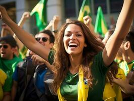 brasileño mujer celebra su fútbol equipos victoria ai generativo foto