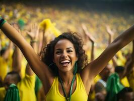 Brazilian woman celebrates her soccer teams victory AI Generative photo