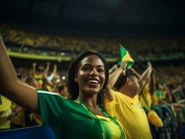 brasileño mujer celebra su fútbol equipos victoria ai generativo foto