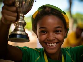 Brazilian woman celebrates her soccer teams victory AI Generative photo