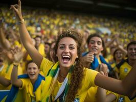 brasileño mujer celebra su fútbol equipos victoria ai generativo foto