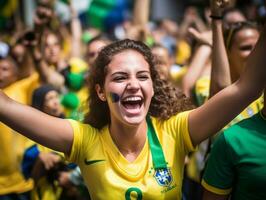 brasileño mujer celebra su fútbol equipos victoria ai generativo foto