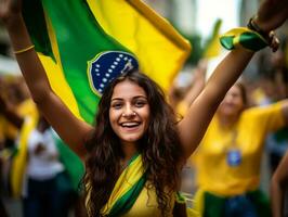 brasileño mujer celebra su fútbol equipos victoria ai generativo foto