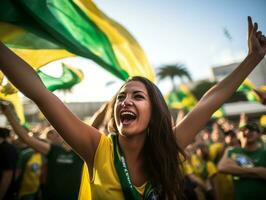 Brazilian woman celebrates her soccer teams victory AI Generative photo