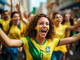 Brazilian woman celebrates her soccer teams victory AI Generative photo