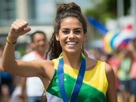 Brazilian woman celebrates her soccer teams victory AI Generative photo