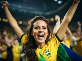 brasileño mujer celebra su fútbol equipos victoria ai generativo foto