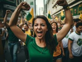 Brazilian woman celebrates her soccer teams victory AI Generative photo