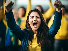 Brazilian woman celebrates her soccer teams victory AI Generative photo