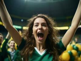 brasileño mujer celebra su fútbol equipos victoria ai generativo foto