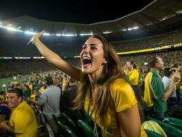 brasileño mujer celebra su fútbol equipos victoria ai generativo foto