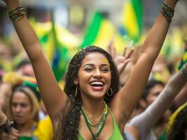 Brazilian woman celebrates her soccer teams victory AI Generative photo