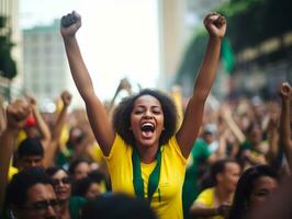 Brazilian woman celebrates her soccer teams victory AI Generative photo