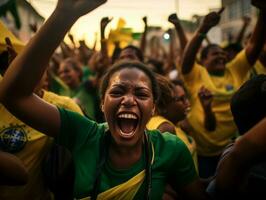 Brazilian woman celebrates her soccer teams victory AI Generative photo