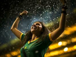 brasileño mujer celebra su fútbol equipos victoria ai generativo foto