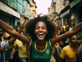 Brazilian woman celebrates her soccer teams victory AI Generative photo