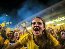 brasileño mujer celebra su fútbol equipos victoria ai generativo foto