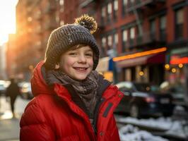 Kid enjoys a leisurely stroll through the vibrant city streets AI Generative photo