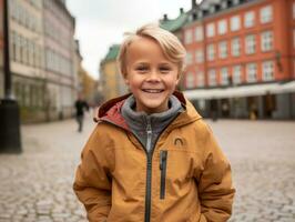 niño disfruta un sin prisa paseo mediante el vibrante ciudad calles ai generativo foto