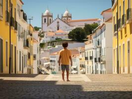 Kid enjoys a leisurely stroll through the vibrant city streets AI Generative photo