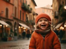 niño disfruta un sin prisa paseo mediante el vibrante ciudad calles ai generativo foto