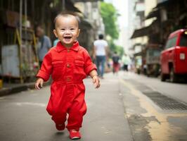 Kid enjoys a leisurely stroll through the vibrant city streets AI Generative photo