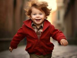 niño disfruta un sin prisa paseo mediante el vibrante ciudad calles ai generativo foto