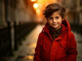 niño disfruta un sin prisa paseo mediante el vibrante ciudad calles ai generativo foto