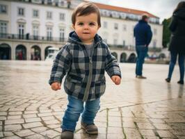 niño disfruta un sin prisa paseo mediante el vibrante ciudad calles ai generativo foto