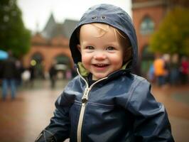 Kid enjoys a leisurely stroll through the vibrant city streets AI Generative photo