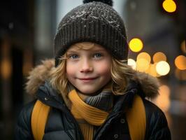 Kid enjoys a leisurely stroll through the vibrant city streets AI Generative photo