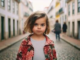 niño disfruta un sin prisa paseo mediante el vibrante ciudad calles ai generativo foto