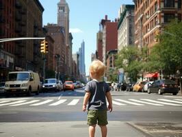 niño disfruta un sin prisa paseo mediante el vibrante ciudad calles ai generativo foto