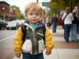 niño disfruta un sin prisa paseo mediante el vibrante ciudad calles ai generativo foto