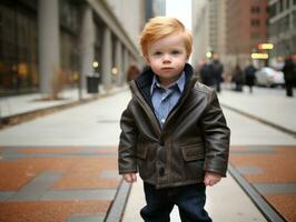 Kid enjoys a leisurely stroll through the vibrant city streets AI Generative photo