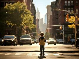 niño disfruta un sin prisa paseo mediante el vibrante ciudad calles ai generativo foto