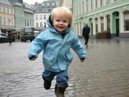 Kid enjoys a leisurely stroll through the vibrant city streets AI Generative photo