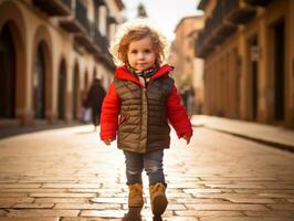 niño disfruta un sin prisa paseo mediante el vibrante ciudad calles ai generativo foto