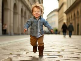 Kid enjoys a leisurely stroll through the vibrant city streets AI Generative photo