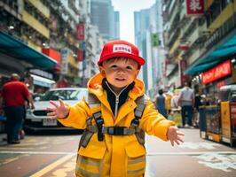 Kid enjoys a leisurely stroll through the vibrant city streets AI Generative photo