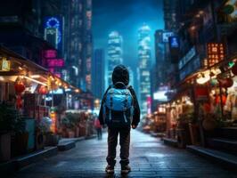 Kid enjoys a leisurely stroll through the vibrant city streets AI Generative photo