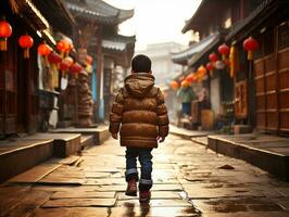 niño disfruta un sin prisa paseo mediante el vibrante ciudad calles ai generativo foto