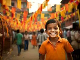 Kid enjoys a leisurely stroll through the vibrant city streets AI Generative photo