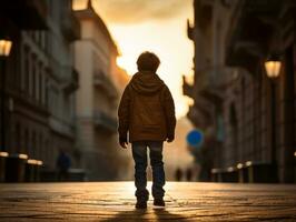 niño disfruta un sin prisa paseo mediante el vibrante ciudad calles ai generativo foto