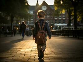 niño disfruta un sin prisa paseo mediante el vibrante ciudad calles ai generativo foto