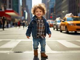 niño disfruta un sin prisa paseo mediante el vibrante ciudad calles ai generativo foto