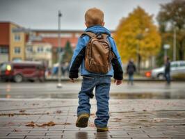 niño disfruta un sin prisa paseo mediante el vibrante ciudad calles ai generativo foto