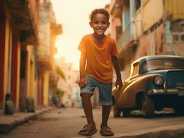 niño disfruta un sin prisa paseo mediante el vibrante ciudad calles ai generativo foto